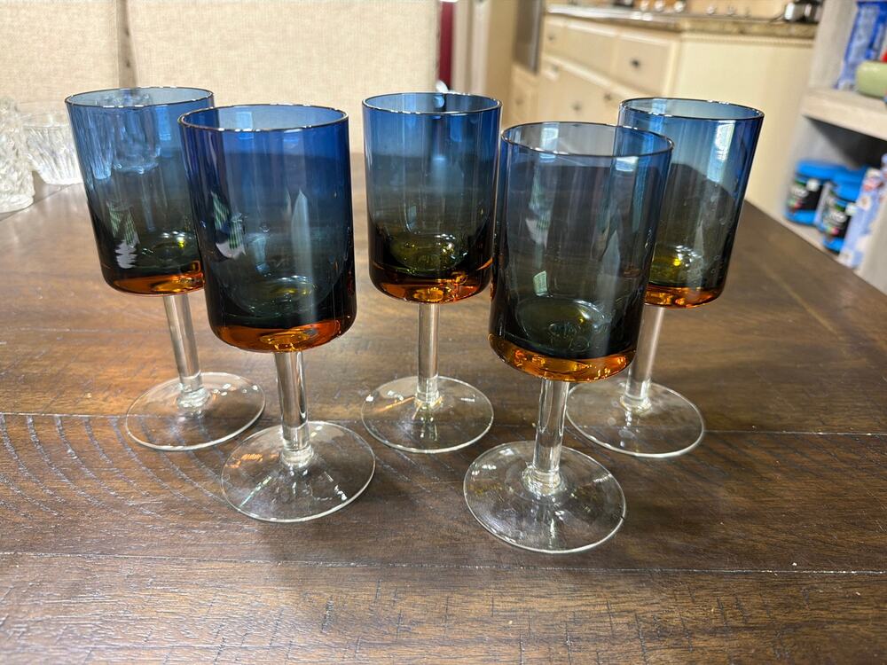 Vintage Denby Bluerina Krosno Set 5 Wine Glasses Blue Amber Ombre MCM Poland